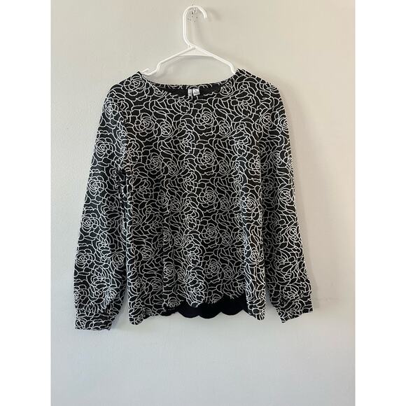 Elle Tops - Elle Top Women's Medium Black White Embroidered Floral Textured Crewneck